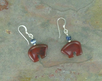 Bear Fetish Zuni Gemstone Earrings Sterling Silver Brecciated Jasper & Sodalite