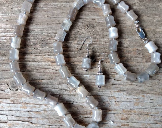 SET: GREY MOONSTONE Chakra Necklace & Earrings All Natural Semi-Precious Stones Healing Metaphysical