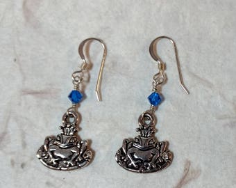 Frog Prince w/ Bright Blue Swarovski Cyrstal Sterling Silver Earrings