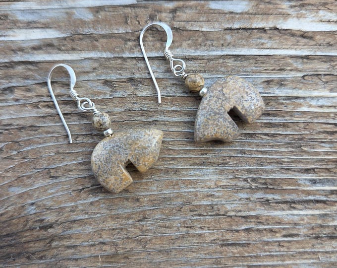 Bear Fetish Zuni Gemstone Earrings Sterling Silver Picture Jasper