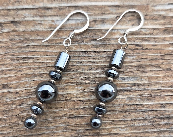 Hematite Gemstone Earrings Sterling Silver Natural Stone
