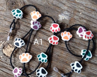 SALE: Fun Multi Color DOG PAW Print Fimo Polymer Clay, Glass Beads, Rubber Tubing Eyeglass Chain