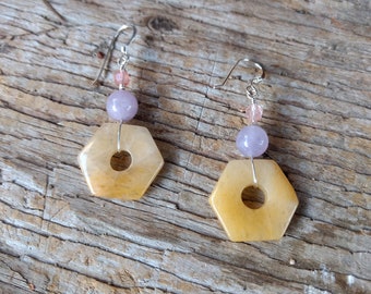 Yellow Aventurine, Amethyst, Strawberry Quartz Gemstone Earrings Sterling Silver Natural Stone