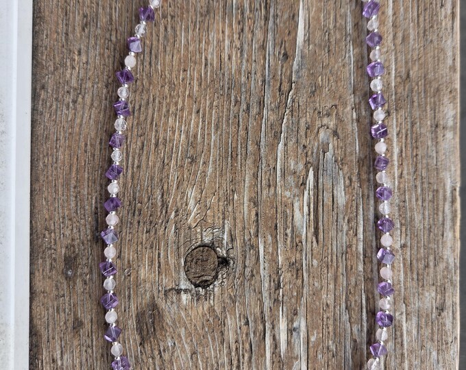 AMETHYST and ROSE QUARTZ Sterling Silver Necklace with Earrings