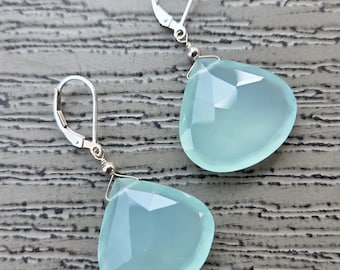 BLUE CHALCEDONY ~ WoW! Long Faceted Teardrops Gemstone Earrings Sterling Silver Natural Stone
