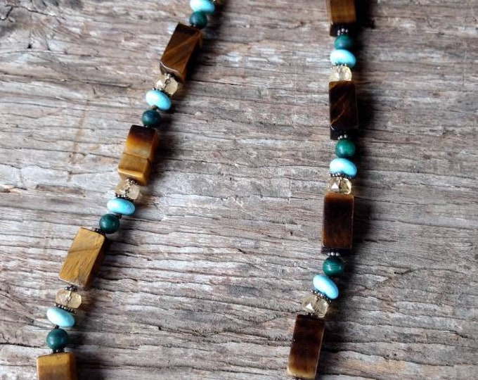 TIGEREYE TURQUOISE MALACHITE Citrine Stone Natural Gemstone Sterling Silver Necklace