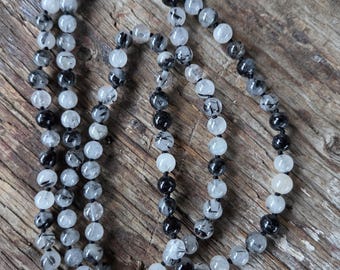 MALA: Black Tourmalinated Quartz Beads Silk Tassel Necklace 108 Count Plus Guru Bead