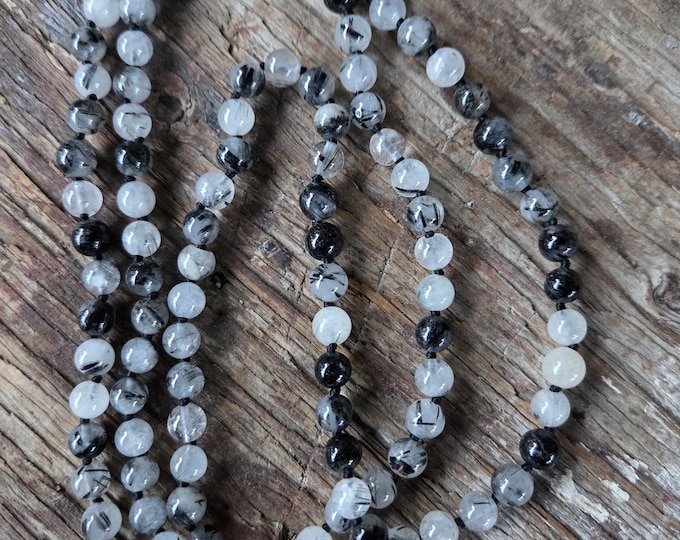 MALA: Black Tourmalinated Quartz Beads Silk Tassel Necklace 108 Count Plus Guru Bead