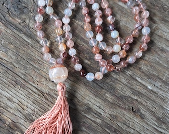 MALA: Fire Quartz Beads Silk Tassel Necklace 108 Count Plus Guru Bead