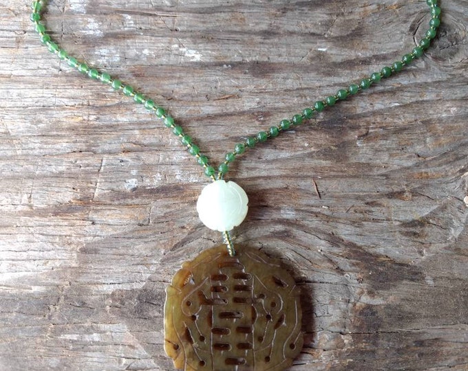 Serpentine Carved Pendant w/ Natural Jade Necklace