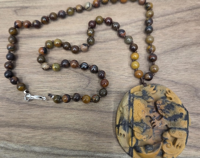 CARVED FROG TOAD Sunset Picasso Tiger Iron Sterling Silver Necklace