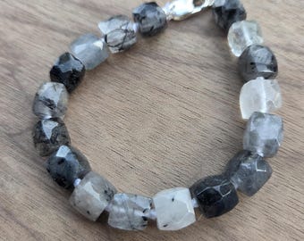 Tourmalinated Quartz Faceted Cube Bracelet All Natural Semi-Precious Stones Healing Metaphysical