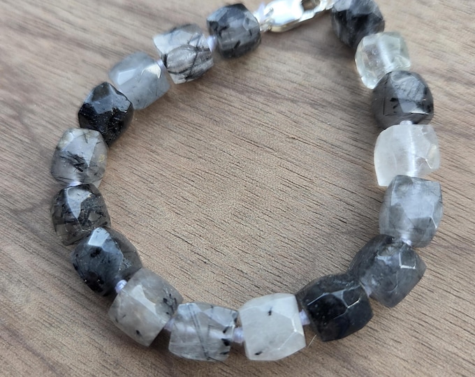 Tourmalinated Quartz Faceted Cube Bracelet All Natural Semi-Precious Stones Healing Metaphysical