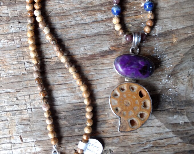 Ammonite, Sugilite, Lapis Lazuli, Picture Jasper, Purple Aventurine Natural Gemstone Sterling Silver Necklace