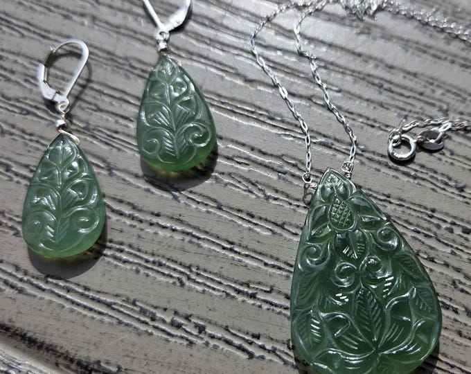 MOLDAVITE CARVED Stunning ~ WoW! Long Teardrops Gemstone Earrings Sterling Silver Natural Stone Necklace & Earrings SET