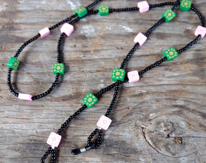 SALE: Fun Pink & Green Fimo Polymer Clay and Glass Beads Eyeglass Chain