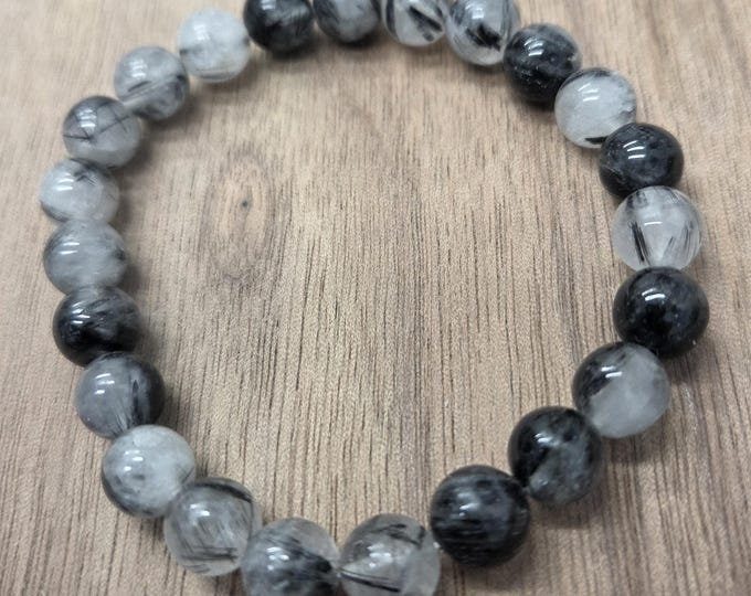 Tourmalinated Quartz Chakra Stretch Bracelet All Natural Semi-Precious Stones Healing Metaphysical