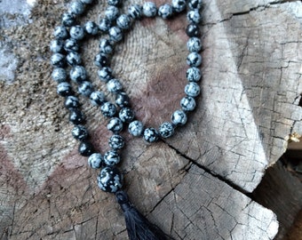 MALA: Snowflake Obsidian Beads Silk Tassel Necklace 72 Count Plus Guru Bead