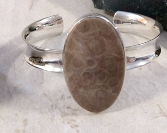 PETOSKEY Stone STATEMENT Fossil Coral Cuff BRACELET Sterling Silver Concave Band Wow!