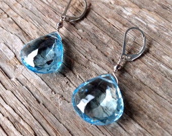 BLUE TOPAZ ~ WoW! Long Faceted Teardrops Gemstone Earrings Sterling Silver Natural Stone