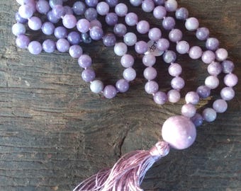 MALA: PURPLE LEPIDOLITE Beads Silk Tassel Necklace 108 Count Plus Guru Bead