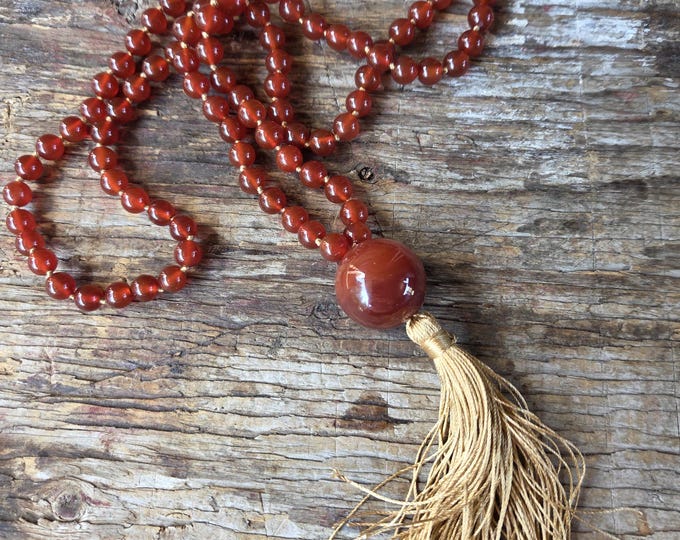 MALA: CARNELIAN Beads Silk Tassel Necklace 108 Count Plus Guru Bead