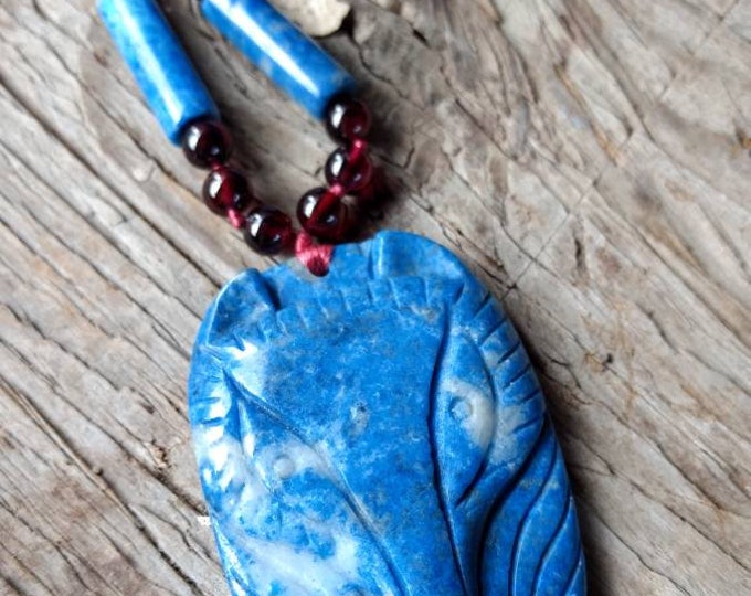 Carved Wolf Dog DENIM LAPIS & GARNET Stone Natural Gemstone Sterling Silver Necklace