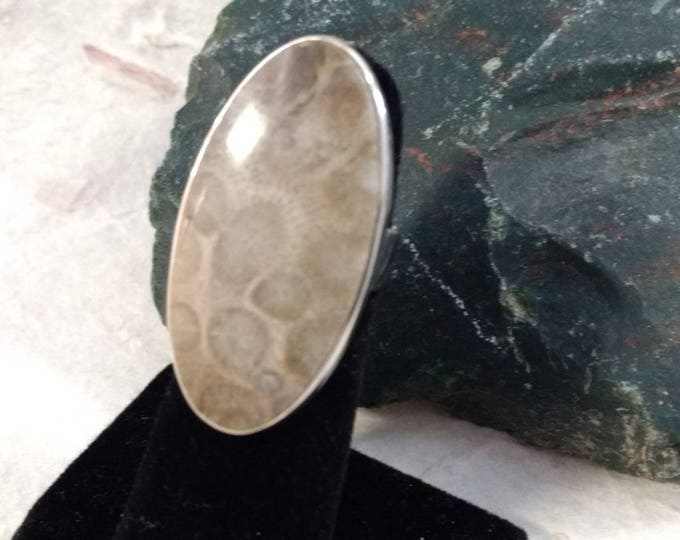 PETOSKEY Stone STATEMENT Ring Fossil Coral Sterling Silver Size 7