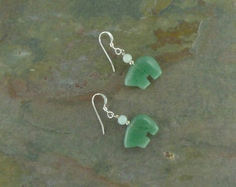 Bear Fetish Zuni Gemstone Earrings Sterling Silver Green Aventurine & Amazonite