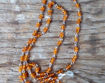 SALE: ORANGE LINKED Silver Glass Beads Eyeglass Chain