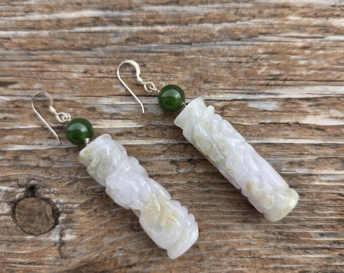 DRAGON CARVED JADE Gemstone Earrings Sterling Silver Natural Stone Lovely