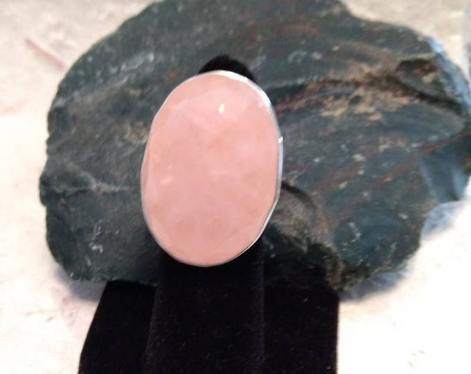 ROSE QUARTZ Faceted Stone STATEMENT Ring Sterling Silver Size 8