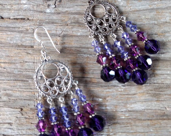 CHANDELIER EARRINGS: 3 Shades of Purples Swarovski Crystal Colorful Wedding Prom Sterling Silver