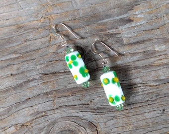 SALE: GREEN YELLOW Flowers White Lampwork w/ Swarovski Crystal Sterling Silver Earrings