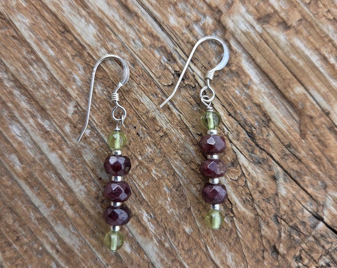 PERIDOT & GARNET Gemstone Earrings Sterling Silver Natural Stone