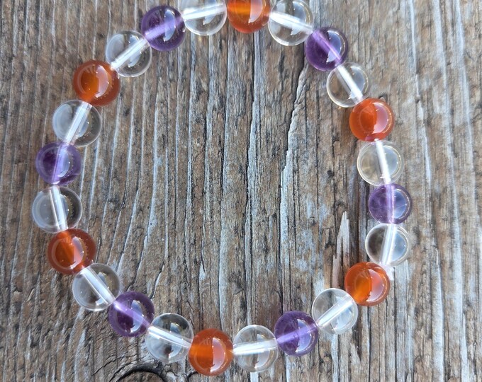 CARNELIAN, AMETHYST, Clear QUARTZ Gemstone Stretch Bracelet