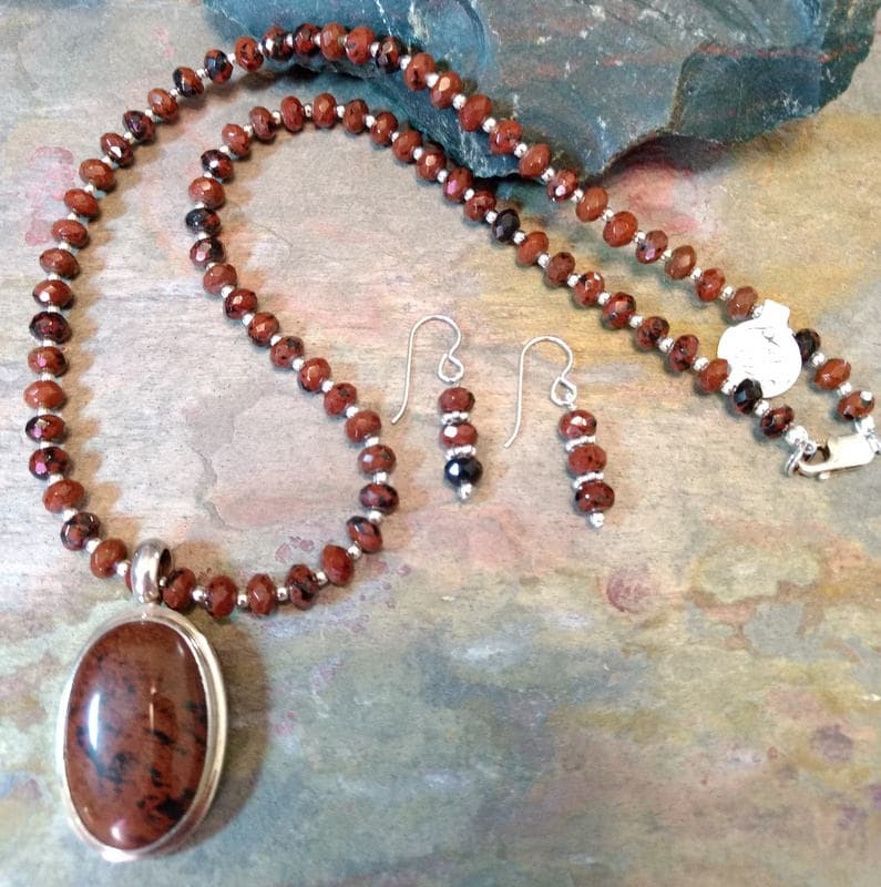 SET: MAHOGANY OBSIDIAN Faceted, Sterling Silver Necklace & Earring Set