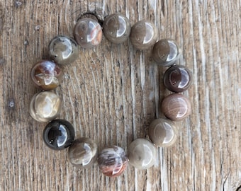 PETRIFIED WOOD MONTANA Large Bead Chakra Stretch Bracelet All Natural Semi-Precious Stones Healing Metaphysical