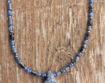 Snowflake Obsidian Lapis Lazuli Black Onyx Small Bead Necklace Sterling Silver Clasp