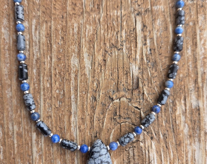 Snowflake Obsidian Lapis Lazuli Black Onyx Small Bead Necklace Sterling Silver Clasp