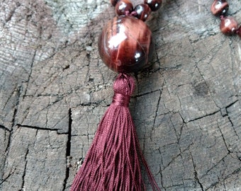 MALA: Tigereye 108 Count Plus Guru Bead Silk Tassel Necklace Red and Brown Tigereye