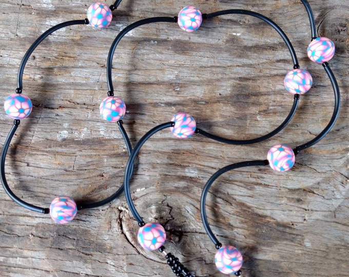 SALE: PINK & BLUE Floral, Fimo Polymer Clay and Glass Beads Eyeglass Chain