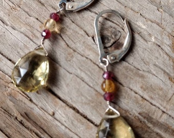 SMOKY QUARTZ FACETED Drops w/ Citrine & Garnet Gemstone Earrings Sterling Silver Natural Stone