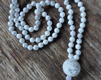 MALA: Howlite (Jasper) Beads Silk Tassel Necklace 108 Count