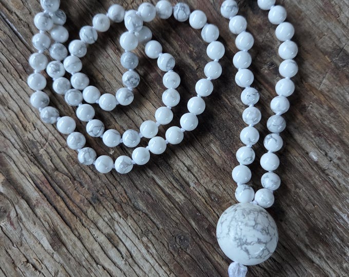MALA: Howlite (Jasper) Beads Silk Tassel Necklace 108 Count