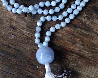 MALA: BLUE LACE Agate Beads Silk Tassel Necklace 108 Count Plus Guru Bead