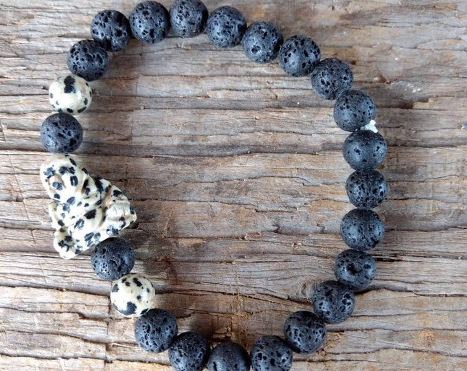 LAVA w/ DALMATIAN JASPER Buddha Chakra Stretch Bracelet All Natural Semi-Precious Stones Healing Metaphysical