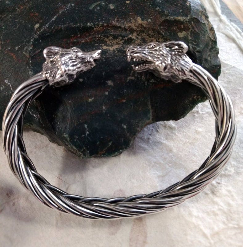 WOLF DIREWOLF Sterling Silver TORQUE Braided Unique Bracelet Cuff ...