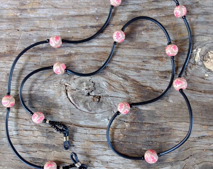 SALE: TAN & RED Floral, Fimo Polymer Clay and Glass Beads Eyeglass Chain