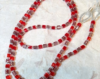 SALE: Pretty RED & PURPLE (Pastel) Silver Lined Glass Beads Eyeglass Chain